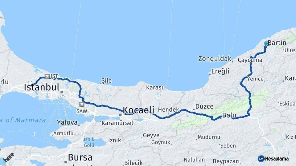 Bartın Çatalca İstanbul Arası Kaç Km - Yol Haritası