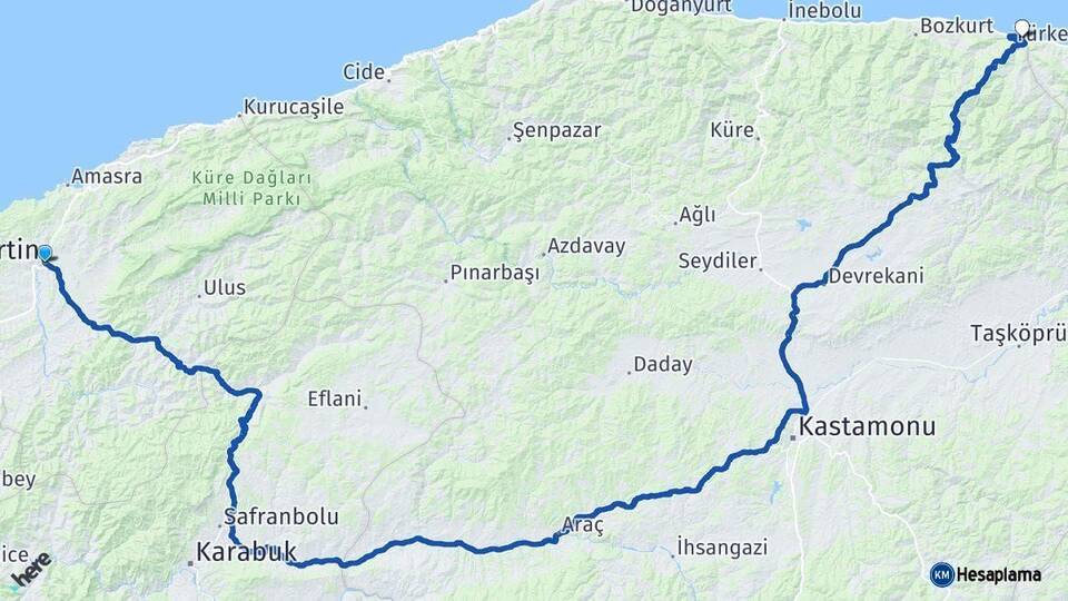 Bartın Çatalzeytin Kastamonu Arası Kaç Km - Yol Haritası