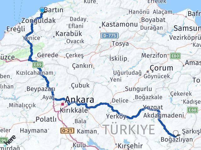 Bartın Çayıralan Yozgat Arası Kaç Km - Yol Haritası