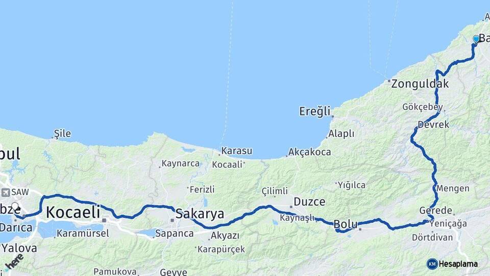 Bartın Çayırova Kocaeli Arası Kaç Km - Yol Haritası
