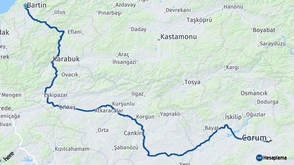 Bartın Çorum Arası Kaç Km - Yol Haritası