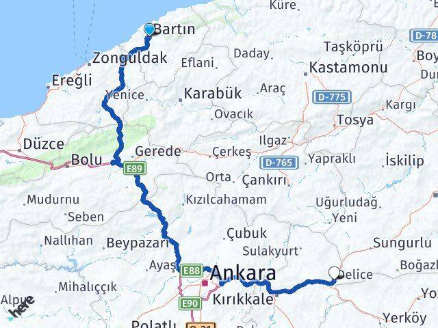 Bartın Delice Kırıkkale Arası Kaç Km - Yol Haritası