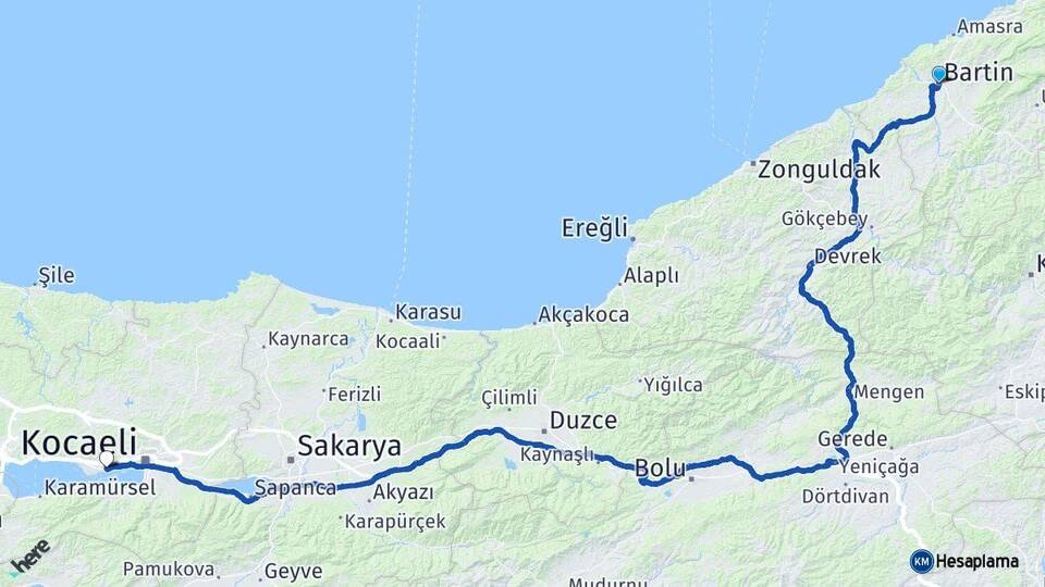 Bartın Derince Kocaeli Arası Kaç Km - Yol Haritası