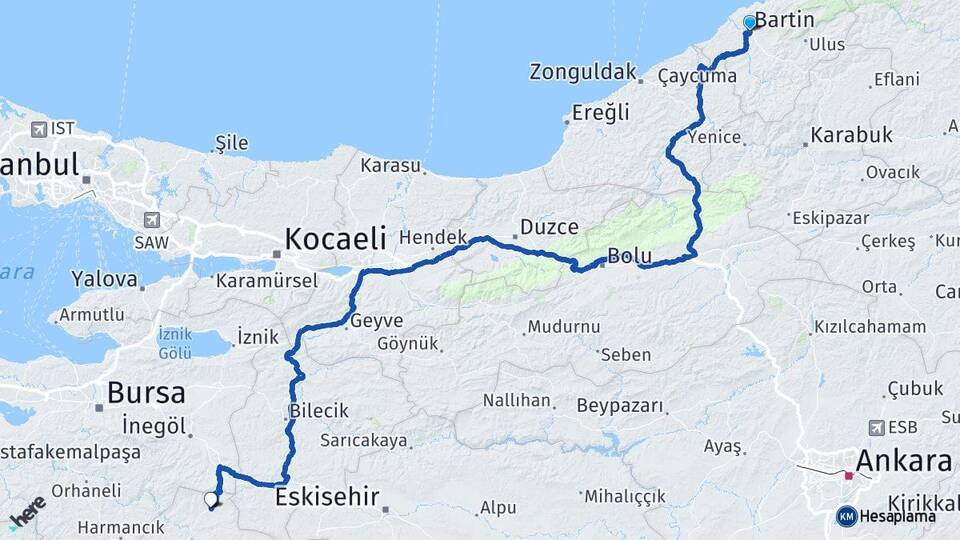 Bartın Domaniç Kütahya Arası Kaç Km - Yol Haritası