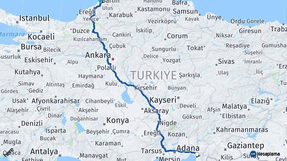 Bartın Dörtyol Hatay Arası Kaç Km - Yol Haritası