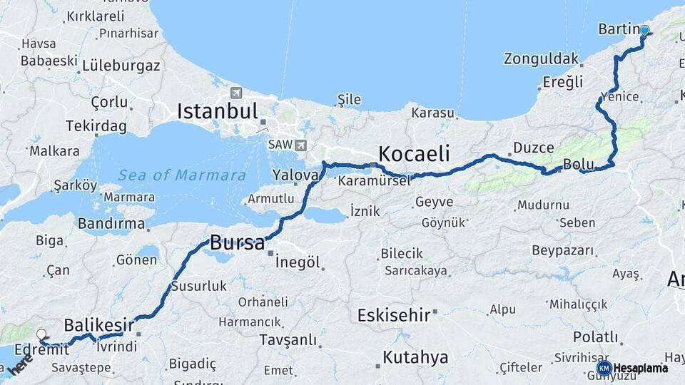 Bartın Edremit Balıkesir Arası Kaç Km - Yol Haritası