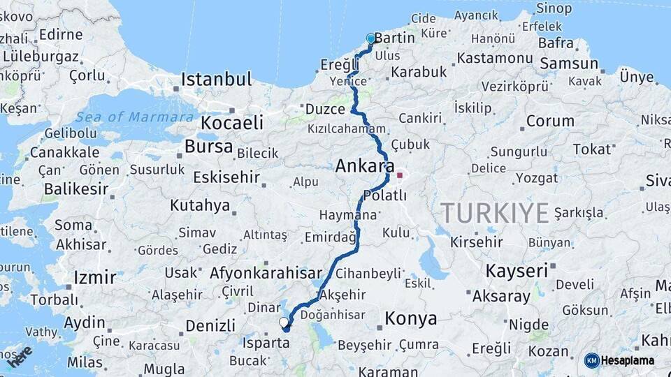 Bartın Eğirdir Isparta Arası Kaç Km - Yol Haritası