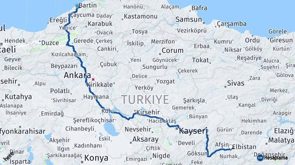 Bartın Elbistan Kahramanmaraş Arası Kaç Km - Yol Haritası