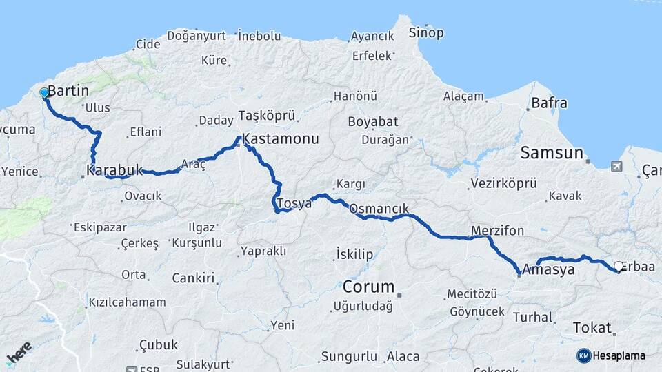 Bartın Erbaa Tokat Arası Kaç Km - Yol Haritası