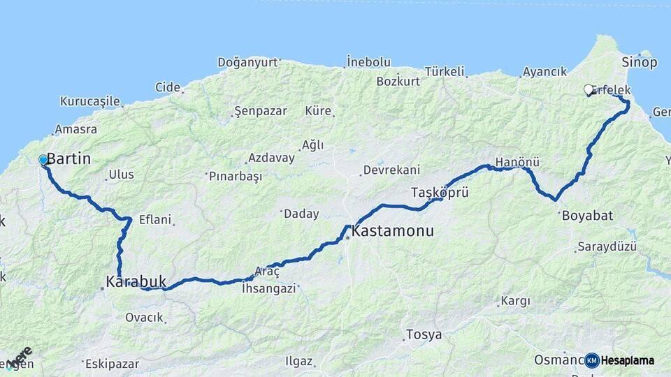 Bartın Erfelek Sinop Arası Kaç Km - Yol Haritası