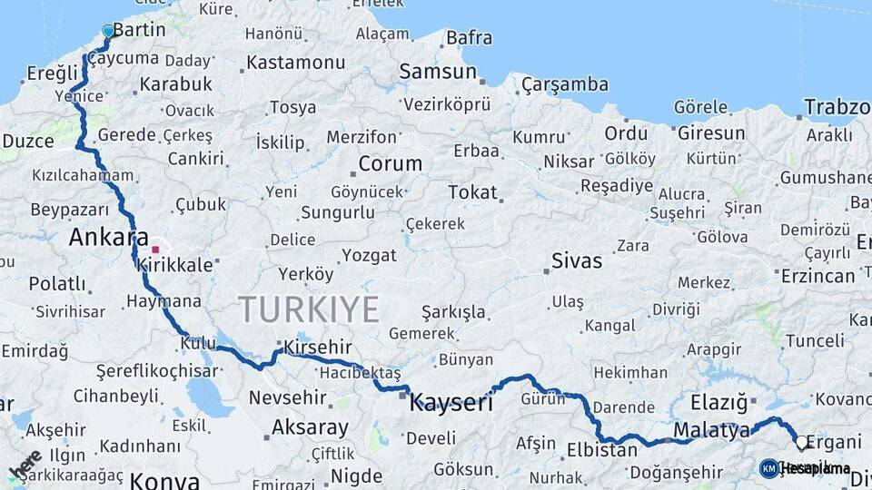 Bartın Ergani Diyarbakır Arası Kaç Km - Yol Haritası