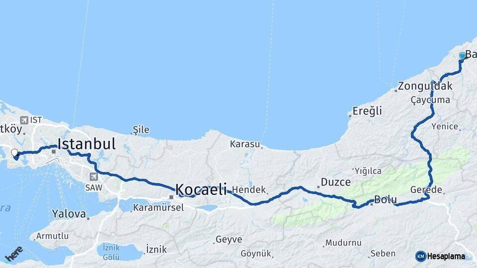 Bartın Esenyurt İstanbul Arası Kaç Km - Yol Haritası