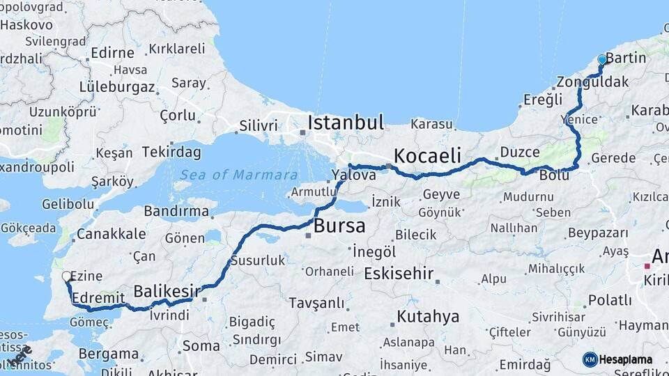 Bartın Ezine Çanakkale Arası Kaç Km - Yol Haritası