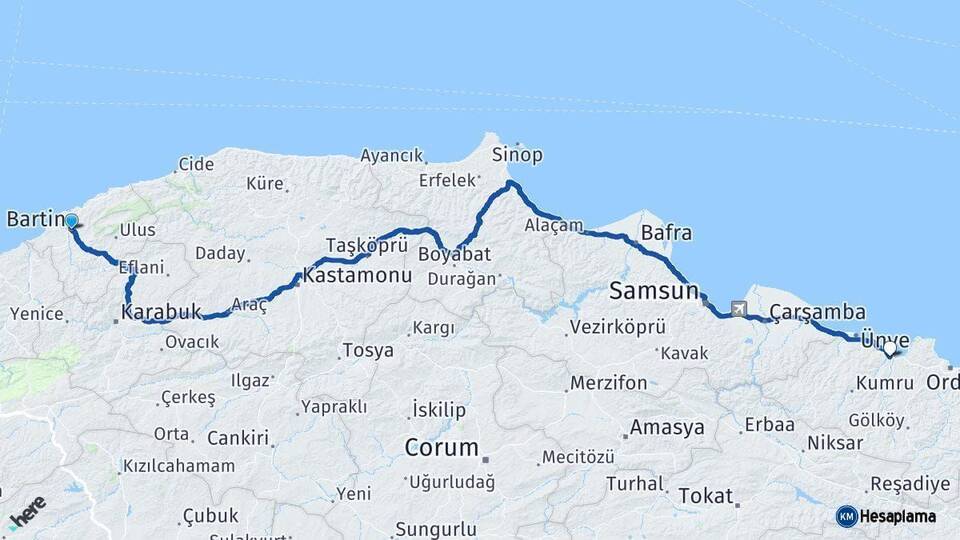 Bartın Fatsa Ordu Arası Kaç Km - Yol Haritası