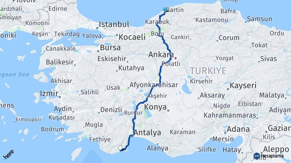 Bartın Finike Antalya Arası Kaç Km - Yol Haritası