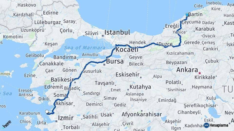 Bartın Foça İzmir Arası Kaç Km - Yol Haritası