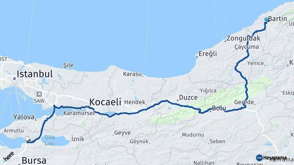 Bartın Gemlik Bursa Arası Kaç Km - Yol Haritası