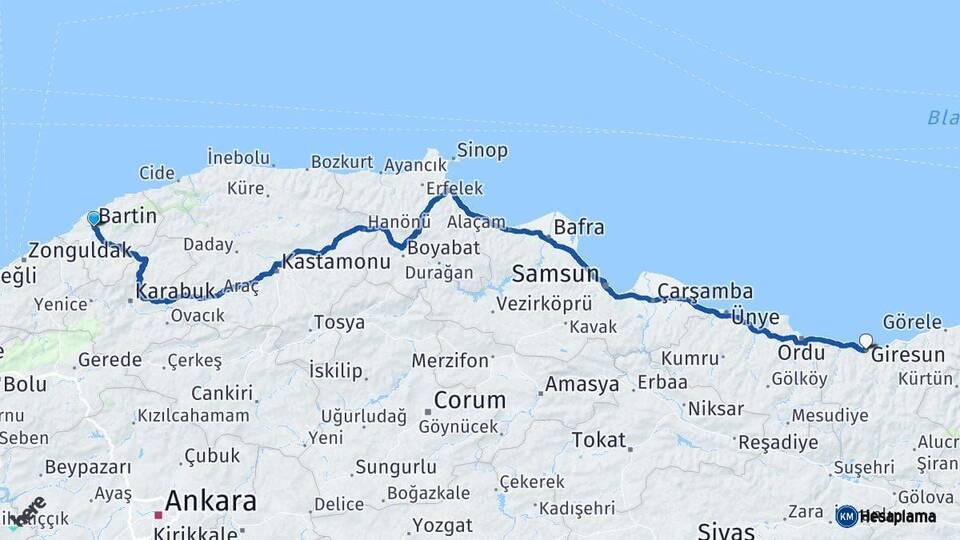 Bartın Giresun Arası Kaç Km - Yol Haritası