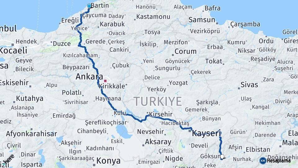 Bartın Göksun Kahramanmaraş Arası Kaç Km - Yol Haritası