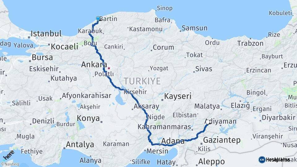Bartın Gölbaşı Adıyaman Arası Kaç Km - Yol Haritası