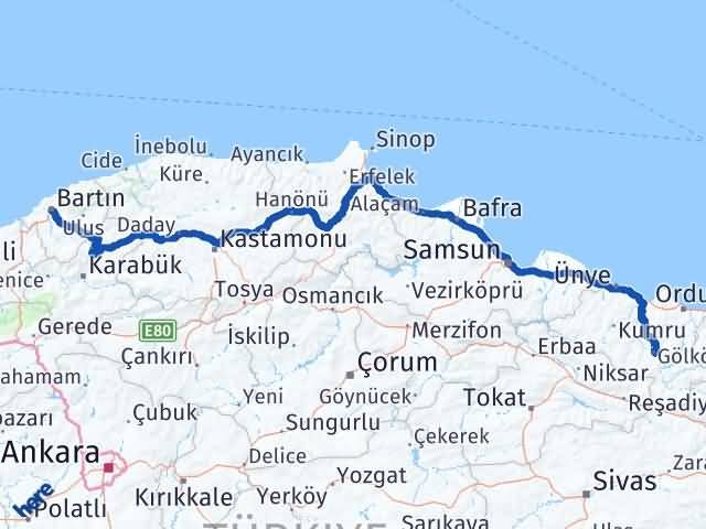 Bartın Gölköy Ordu Arası Kaç Km - Yol Haritası