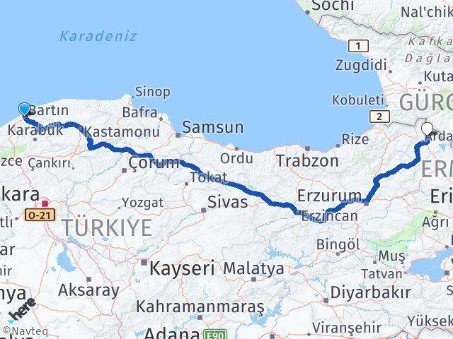 Bartın Hanak Ardahan Arası Kaç Km - Yol Haritası