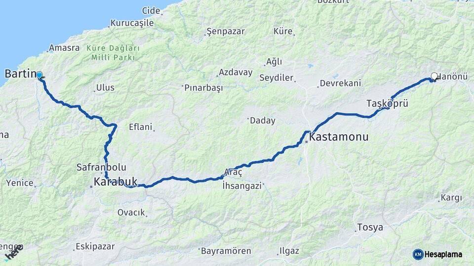 Bartın Hanönü Kastamonu Arası Kaç Km - Yol Haritası