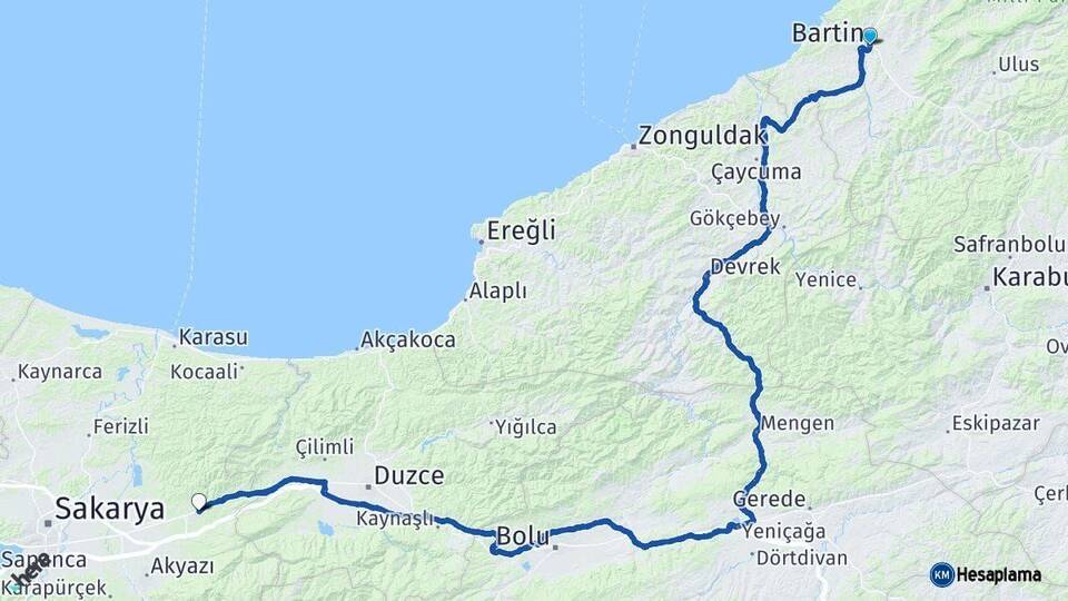 Bartın Hendek Sakarya Arası Kaç Km - Yol Haritası