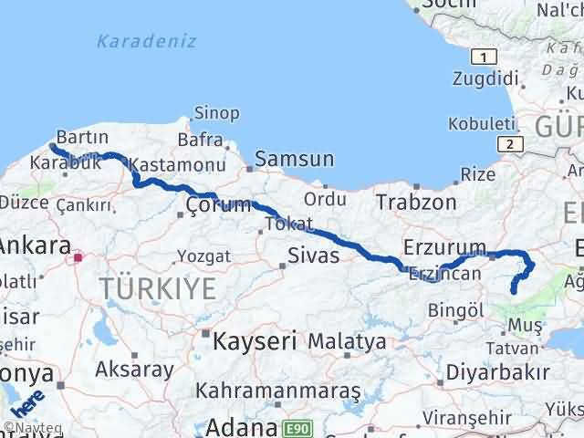 Bartın Hınıs Erzurum Arası Kaç Km - Yol Haritası