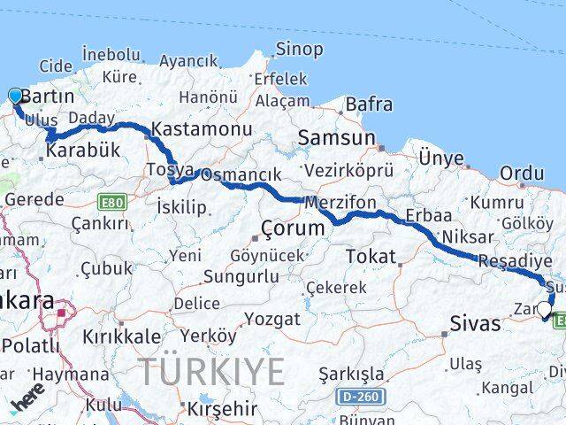 Bartın İmranlı Sivas Arası Kaç Km - Yol Haritası