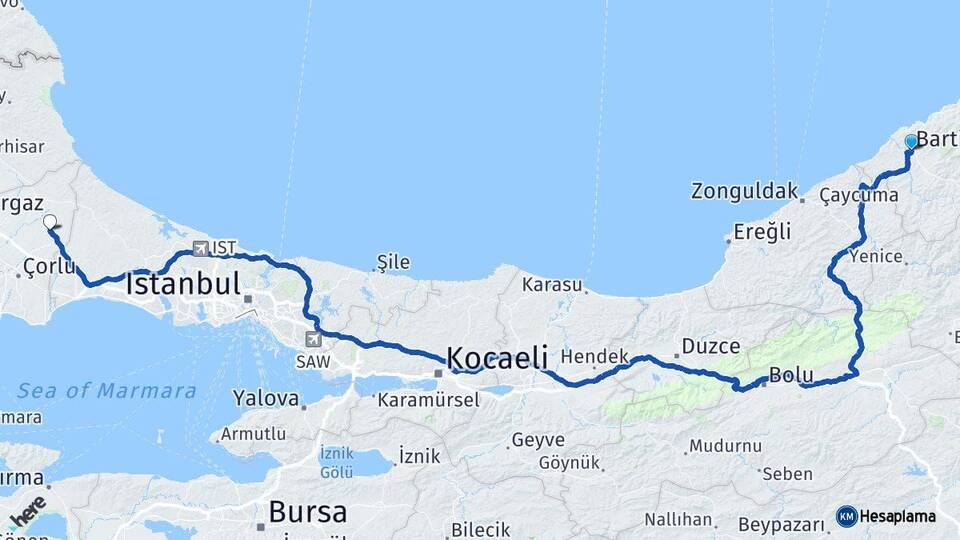 Bartın Kapaklı Tekirdağ Arası Kaç Km - Yol Haritası