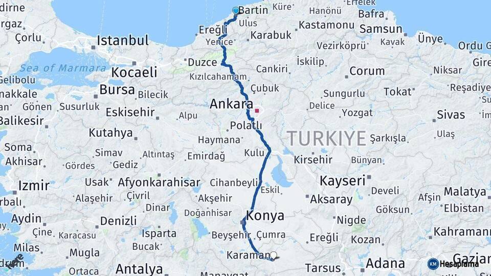 Bartın Karaman Arası Kaç Km - Yol Haritası