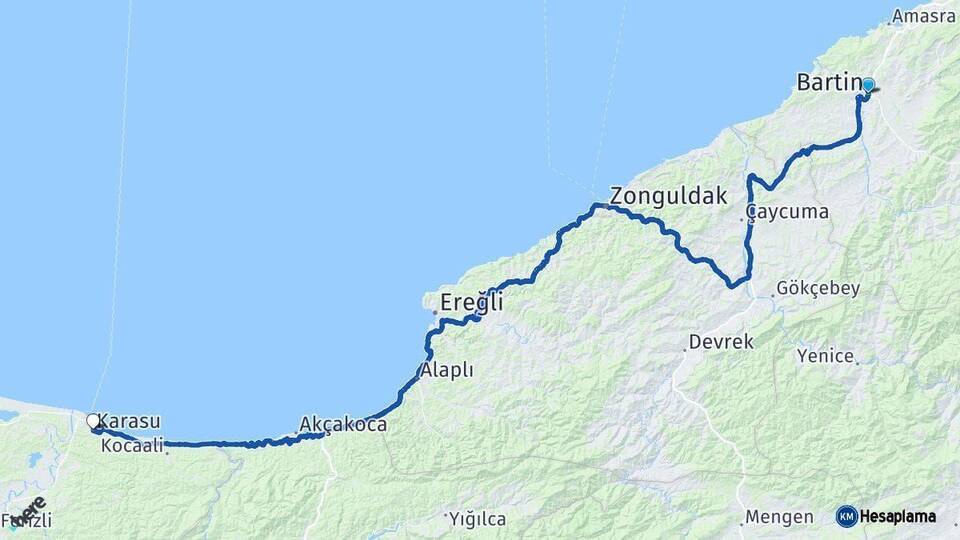 Bartın Karasu Sakarya Arası Kaç Km - Yol Haritası