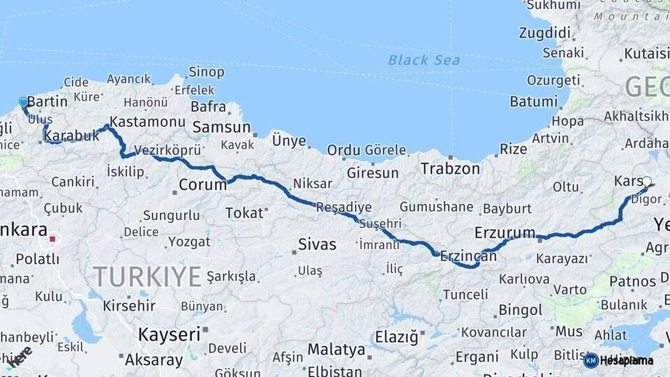 Bartın Kars Arası Kaç Km - Yol Haritası