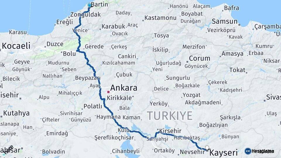 Bartın Kayseri Arası Kaç Km - Yol Haritası