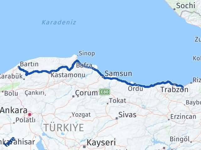 Bartın Köprübaşı Trabzon Arası Kaç Km - Yol Haritası