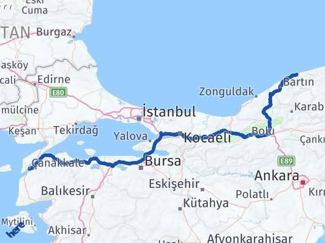 Bartın Kurucaşile Çanakkale Arası Kaç Km - Yol Haritası