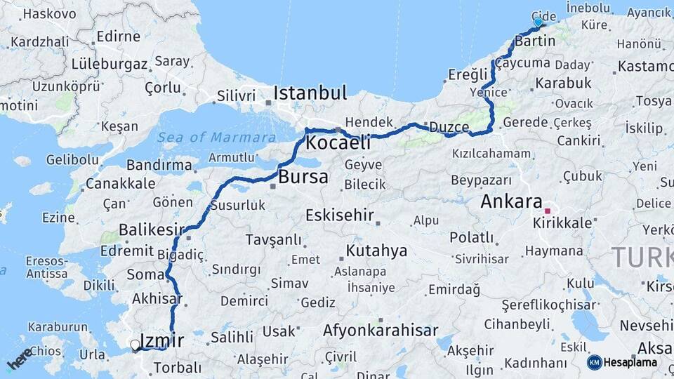 Bartın Kurucaşile İzmir Arası Kaç Km - Yol Haritası