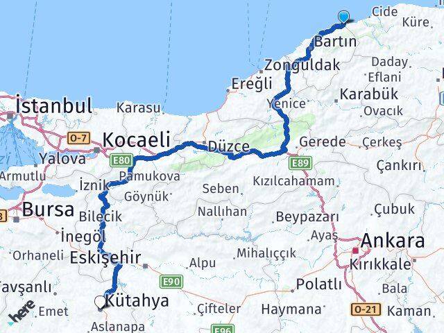 Bartın Kurucaşile Kütahya Arası Kaç Km - Yol Haritası