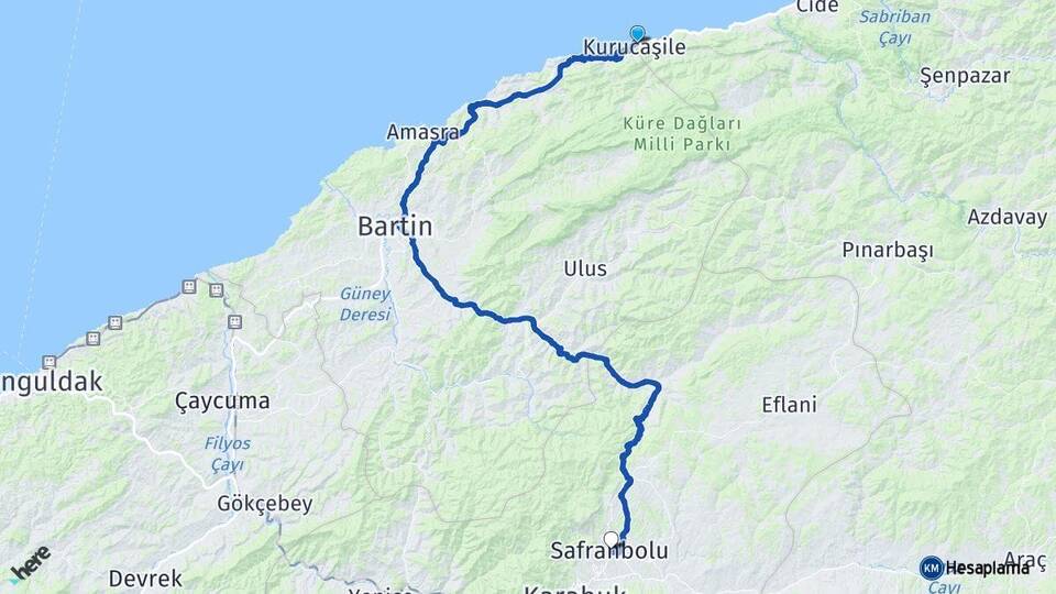 Bartın Kurucaşile Safranbolu Karabük Arası Kaç Km - Yol Haritası