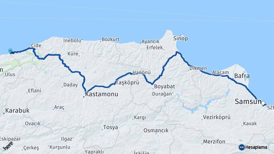 Bartın Kurucaşile Samsun Arası Kaç Km - Yol Haritası