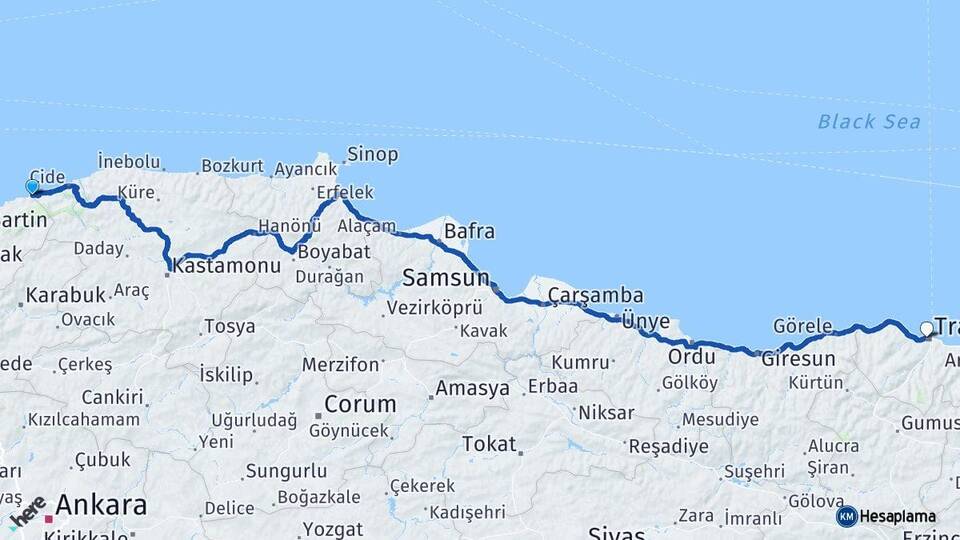 Bartın Kurucaşile Trabzon Arası Kaç Km - Yol Haritası