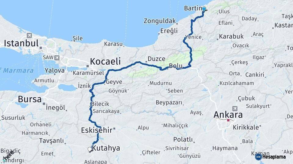Bartın Kütahya Arası Kaç Km - Yol Haritası