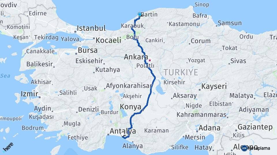 Bartın Manavgat Antalya Arası Kaç Km - Yol Haritası