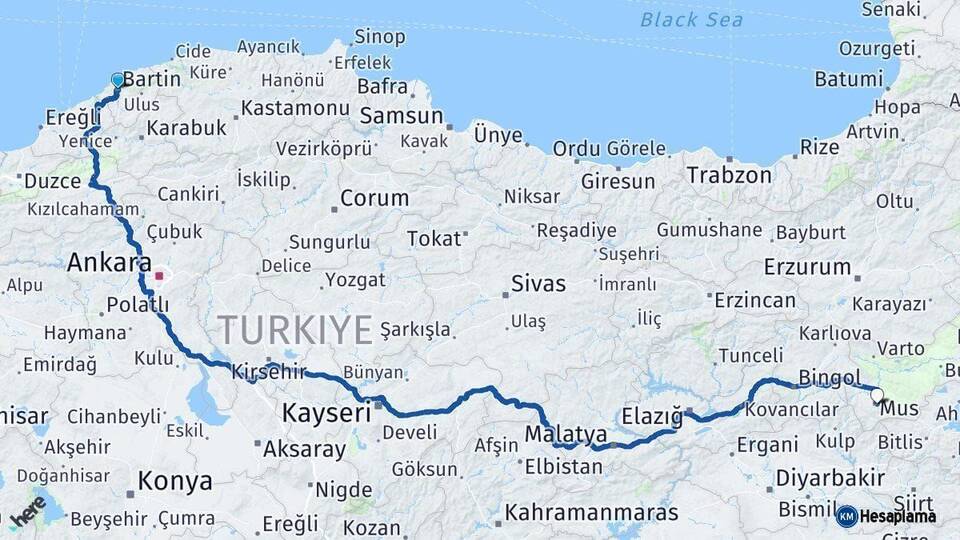Bartın Muş Arası Kaç Km - Yol Haritası