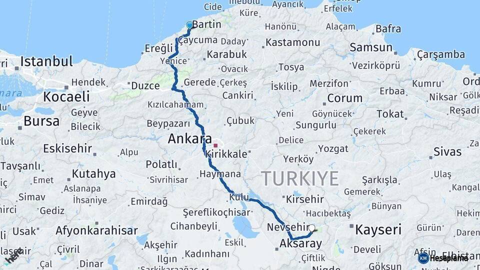 Bartın Nevşehir Arası Kaç Km - Yol Haritası