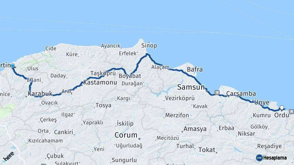 Bartın Ordu Arası Kaç Km - Yol Haritası
