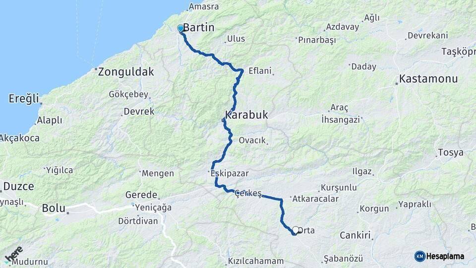 Bartın Orta Çankırı Arası Kaç Km - Yol Haritası