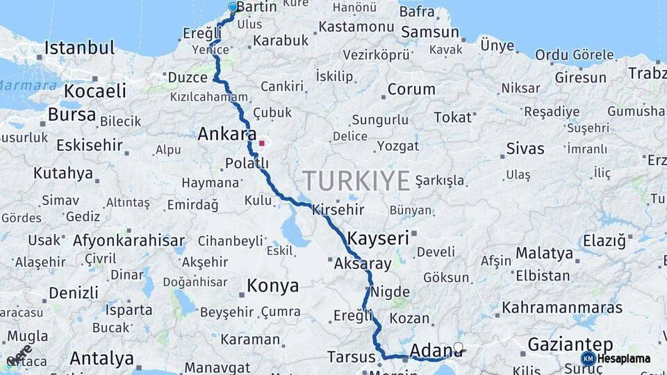 Bartın Osmaniye Arası Kaç Km - Yol Haritası