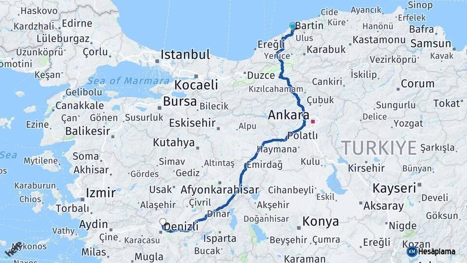 Bartın Pamukkale Denizli Arası Kaç Km - Yol Haritası
